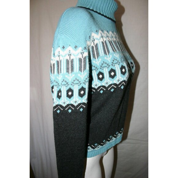 Its Our Time Womens Nordic Pattern Turtleneck Sweater Blue Black Knit Sz Medium - Picture 2 of 6